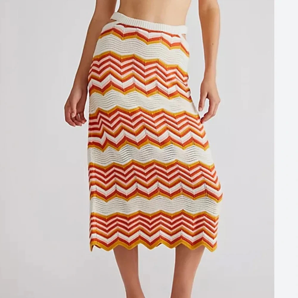MOTHER Chevron Knit Midi Skirt in White, Orange & Red